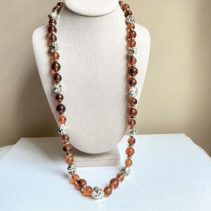 Translucent brown acrylic beaded necklace with goldtone accents Vintage